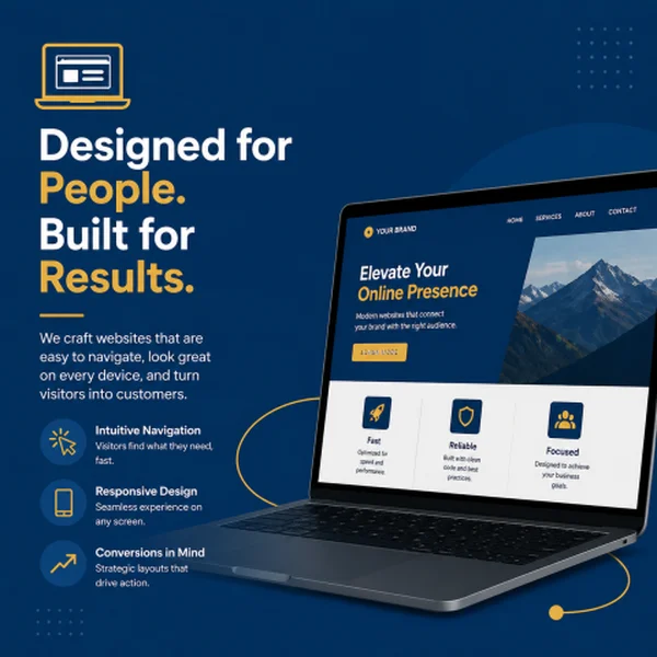 Designed for people, built for results - website on a laptop screen.
