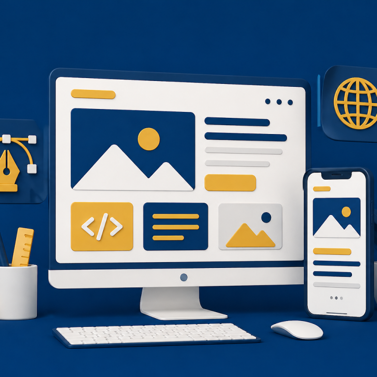 A computer and smartphone displaying web design elements on a blue background.