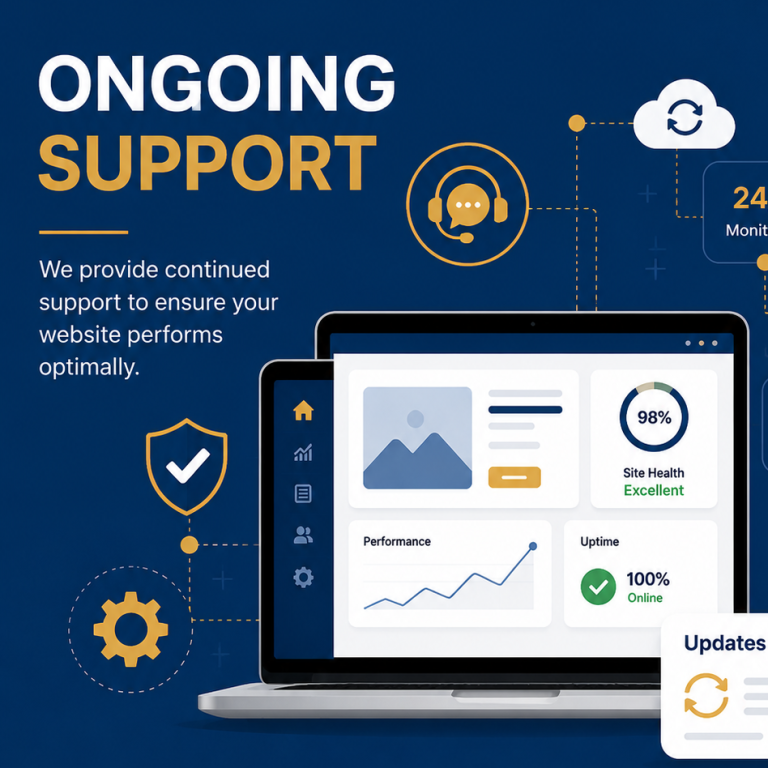Ongoing support graphic featuring tech services for optimal website performance.