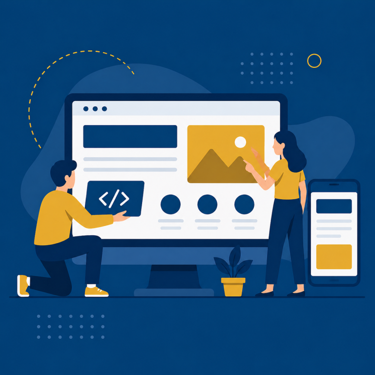 Two people working on a website design, one on a computer and one on a mobile device.