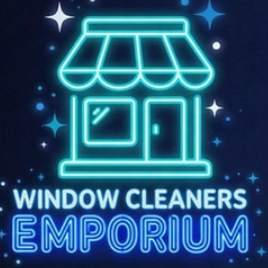 Neon sign for "Window Cleaners Emporium" with a shop illustration.
