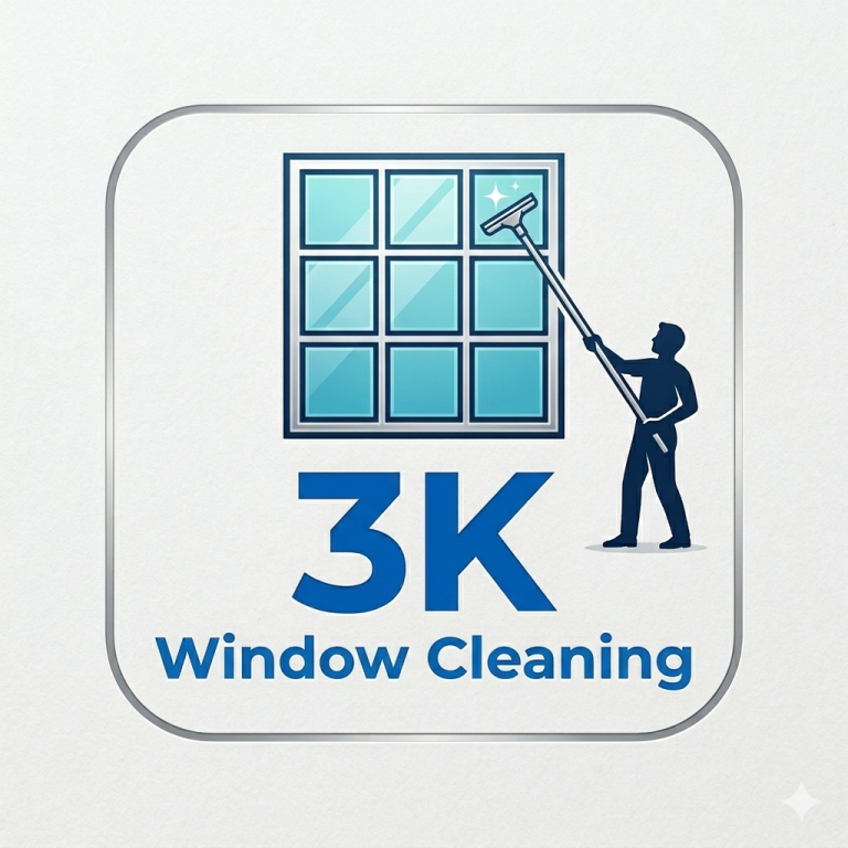Logo for "3K Window Cleaning" featuring a person cleaning a window.